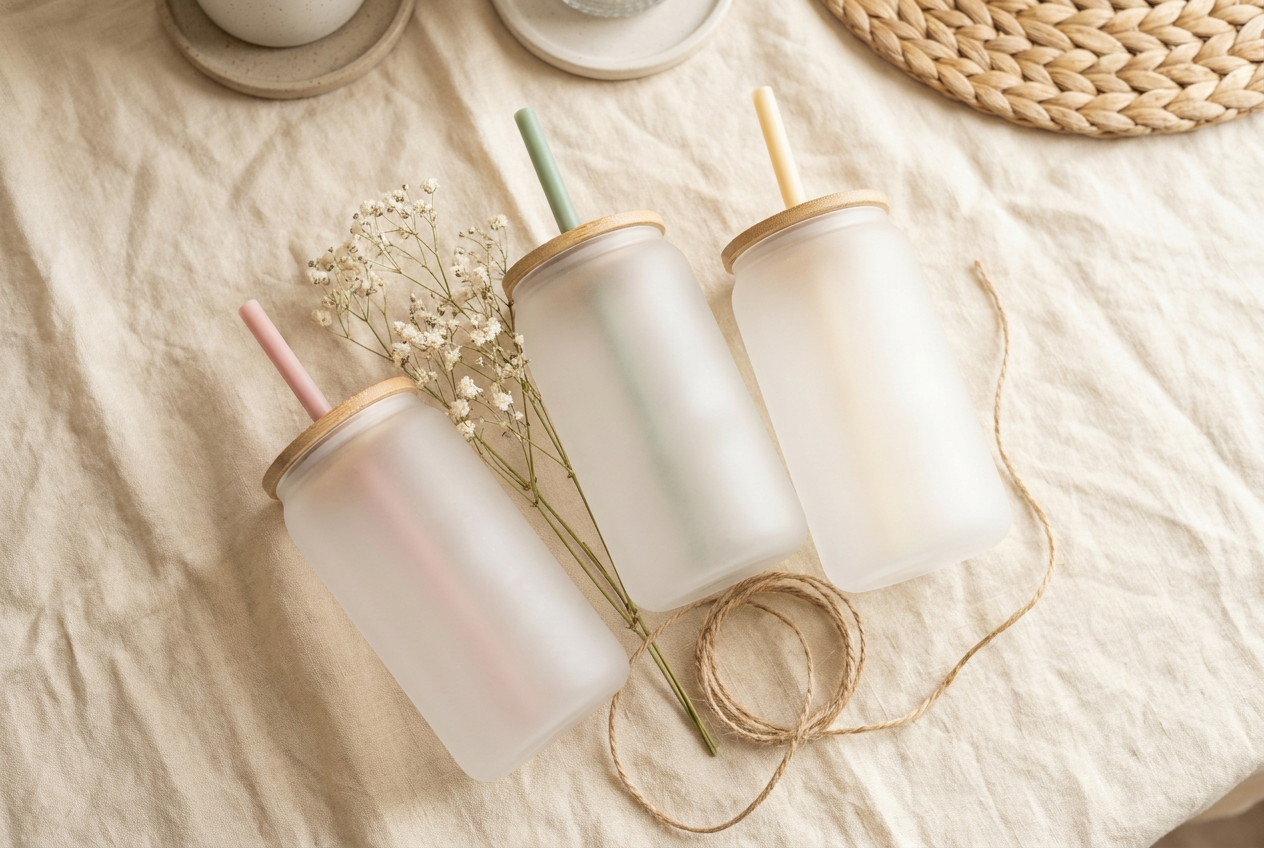Pastel handmade glass tumblers with bamboo lids, dried babies-breath and twine on linen