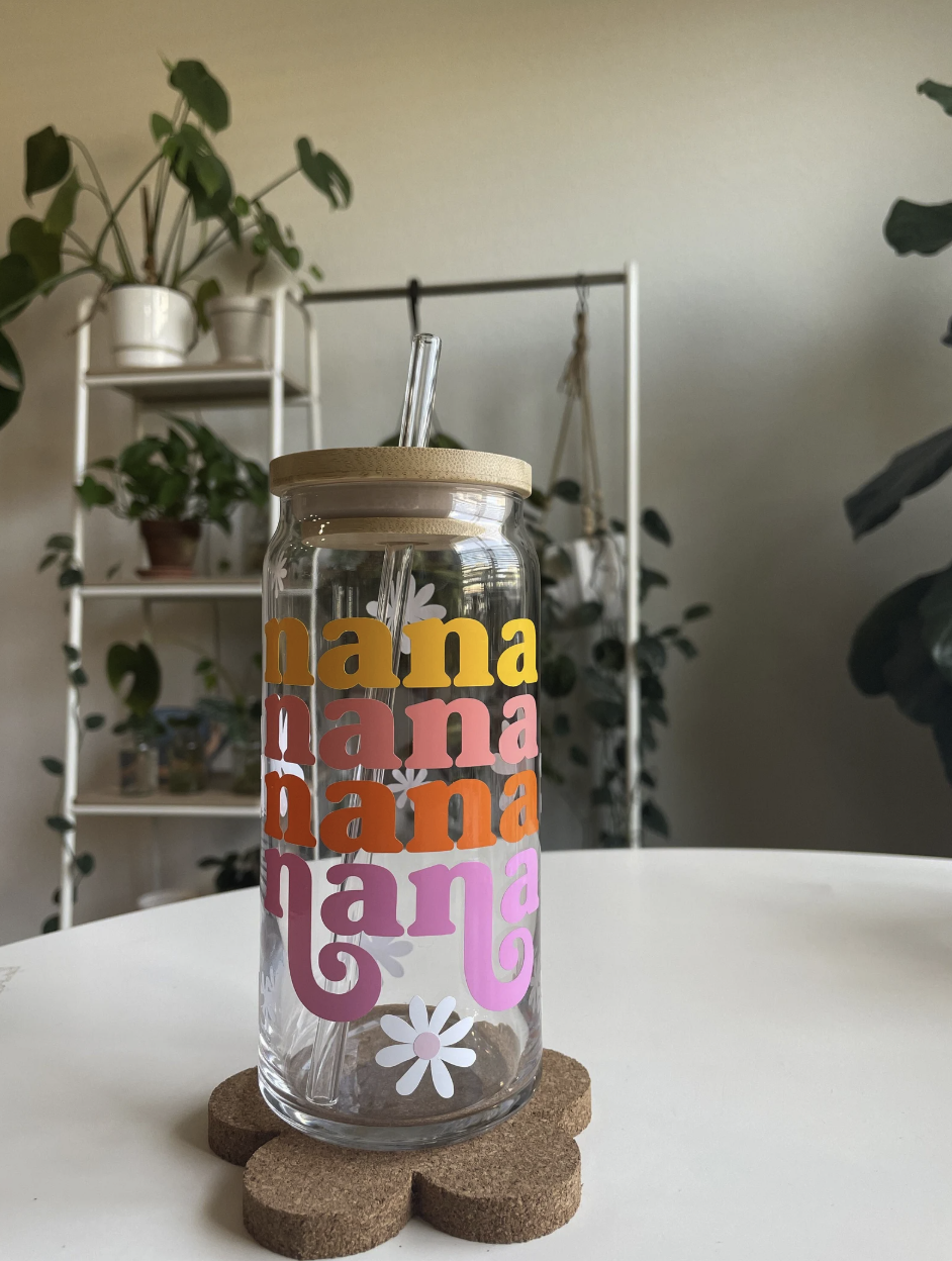 Nana Cup — sage green handmade glass cup with bamboo lid and straw